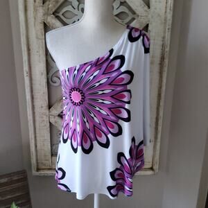 Heart Soul Women's One Shoulder Cape Flowy Top Purple & White Flower